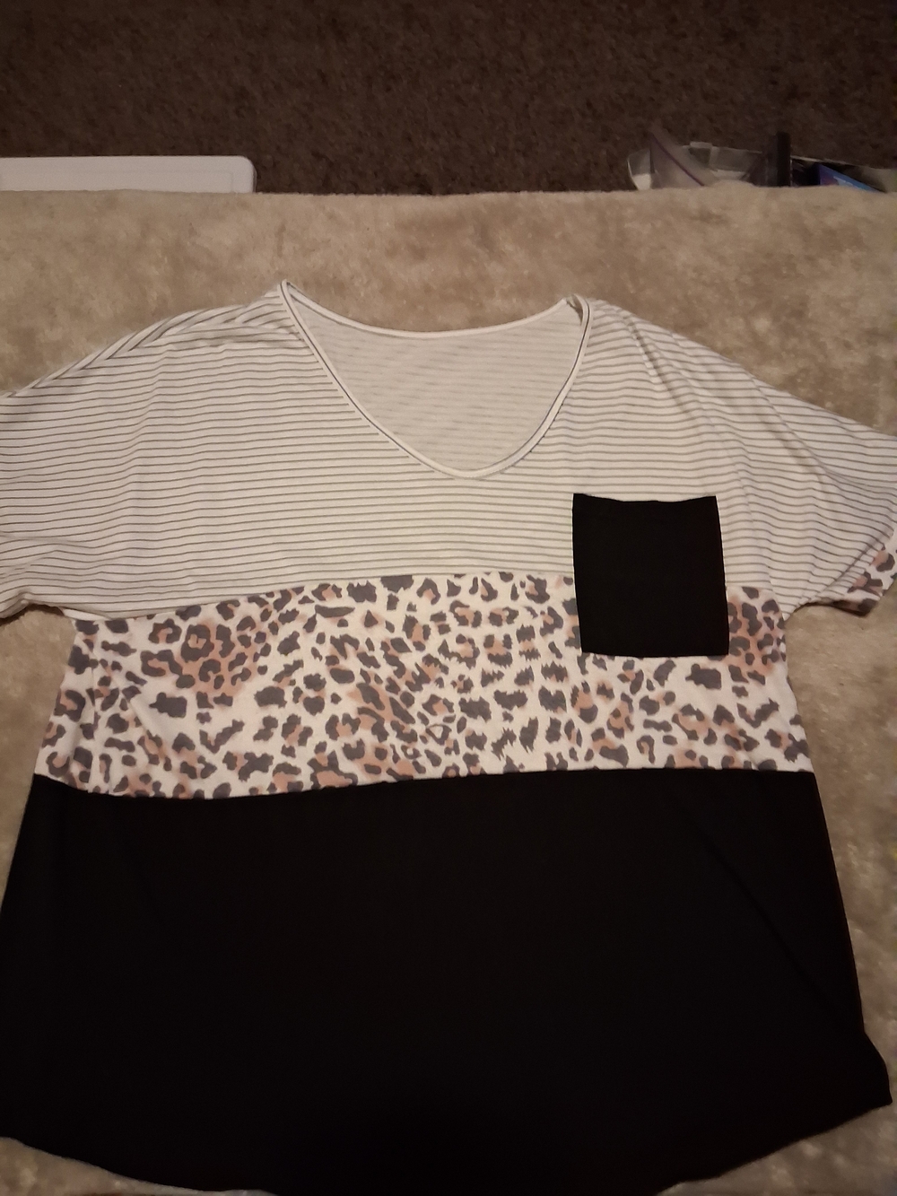 Striped Leopard Colorblock V-Neck Top with Pocket